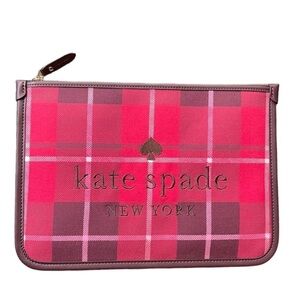 KATE SPADE Ella Plaid Large Zip Pouch Clutch—Bright Berry Ice NWT